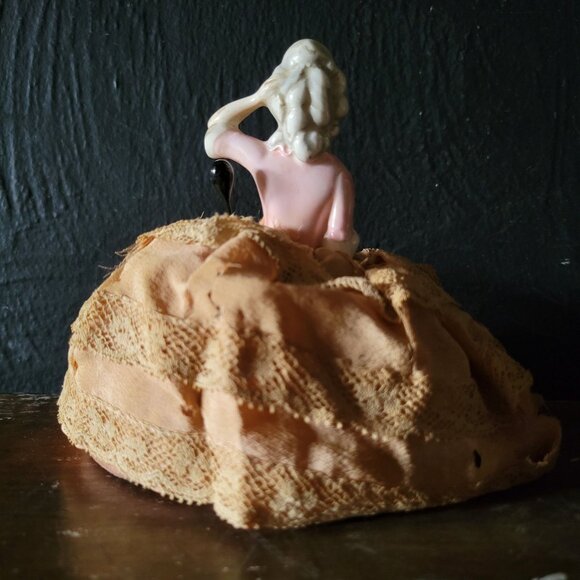 Antique Porcelain Half Doll Pin Cushion, Sewing Room Decor, Tattered Dress Doll - Picture 4 of 9